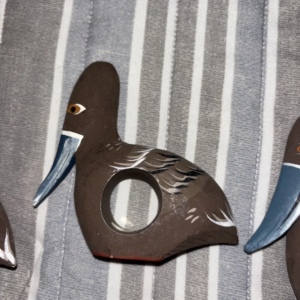 6 Pelican Napkin Ring Holders Wood Hand Carved Beach Bird Coastal Nautical